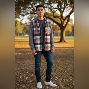 Hollister Pink and Gray Flannel Hoodie Size XL